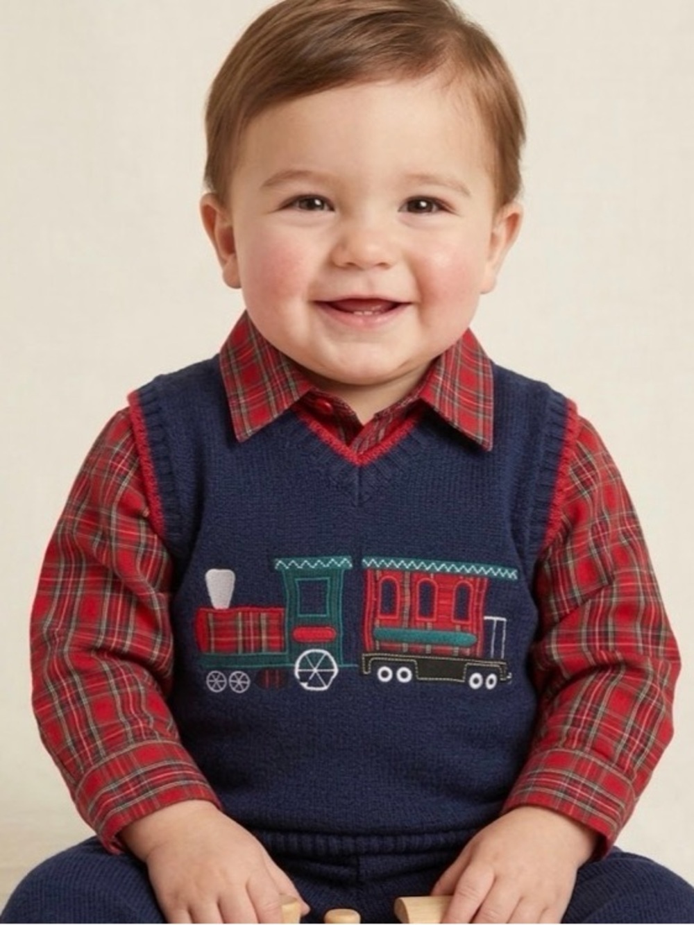 Vintage Good Lad Navy Sweater Vest with Red Plaid Shirt and Train Embroidery 18m